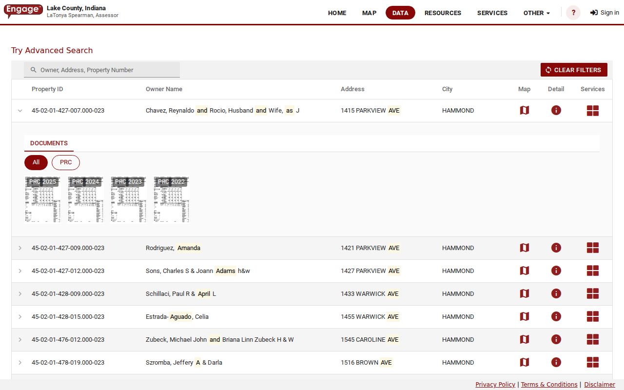 Lake County XSoft property result table used for Hammond owner and address searches