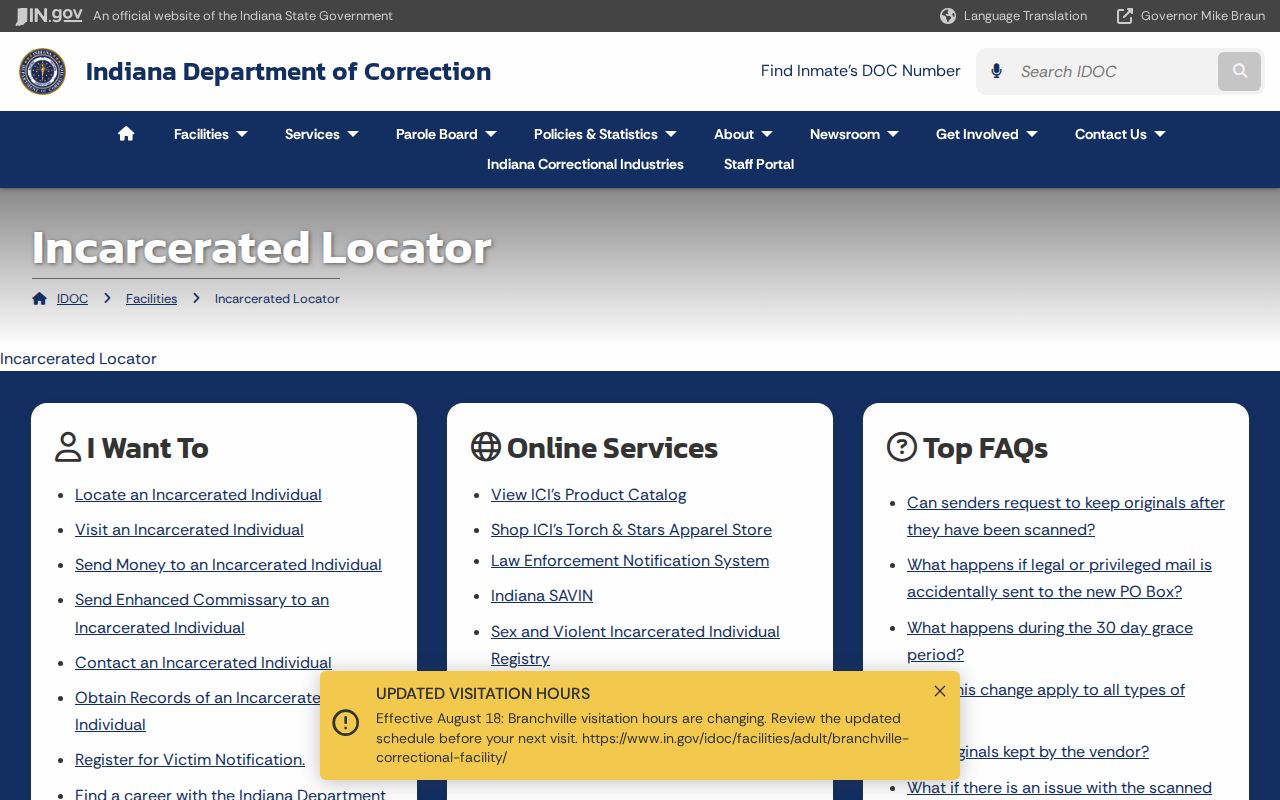 Indiana Department of Correction offender locator name and DOC number fields