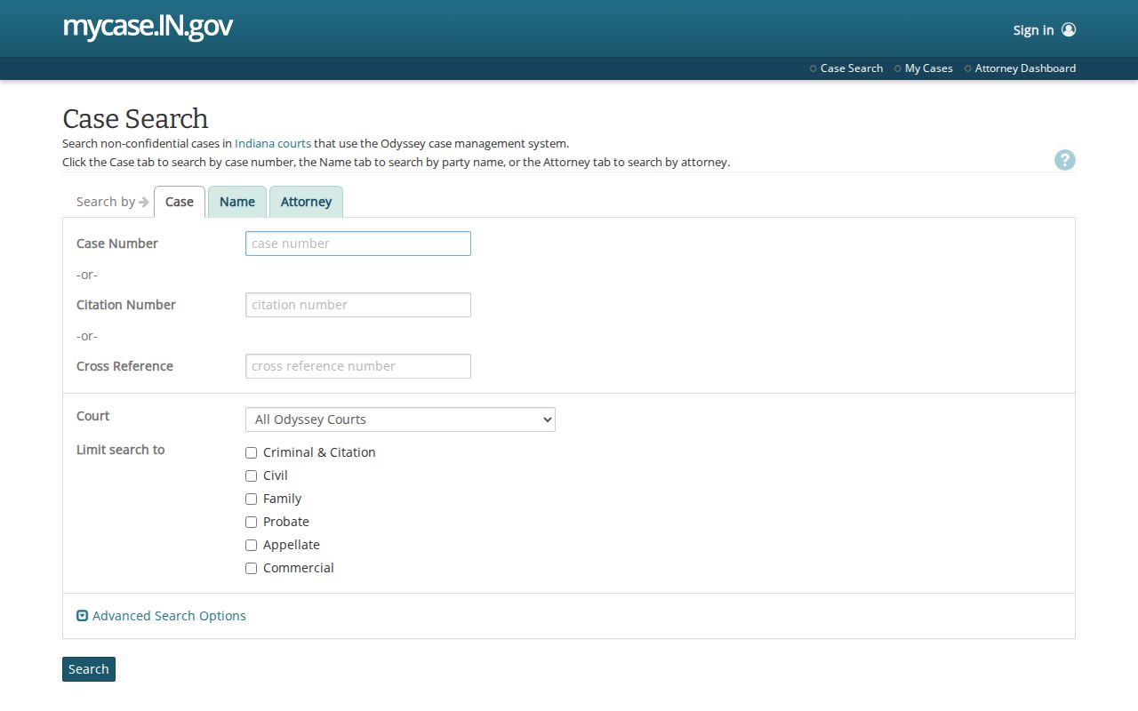 Indiana MyCase name and case search controls for Lake County records