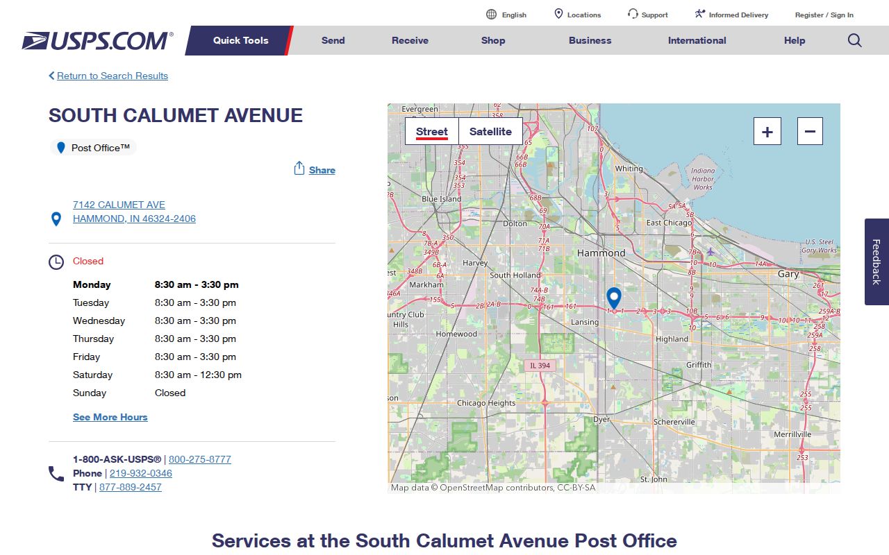 USPS South Calumet Avenue facility serving a south Hammond postal area