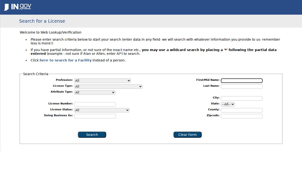 Hammond resident lookup through Indiana professional license verification