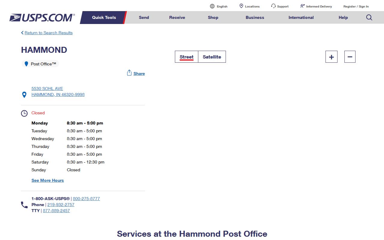 USPS Hammond facility listing for the 46320 ZIP code