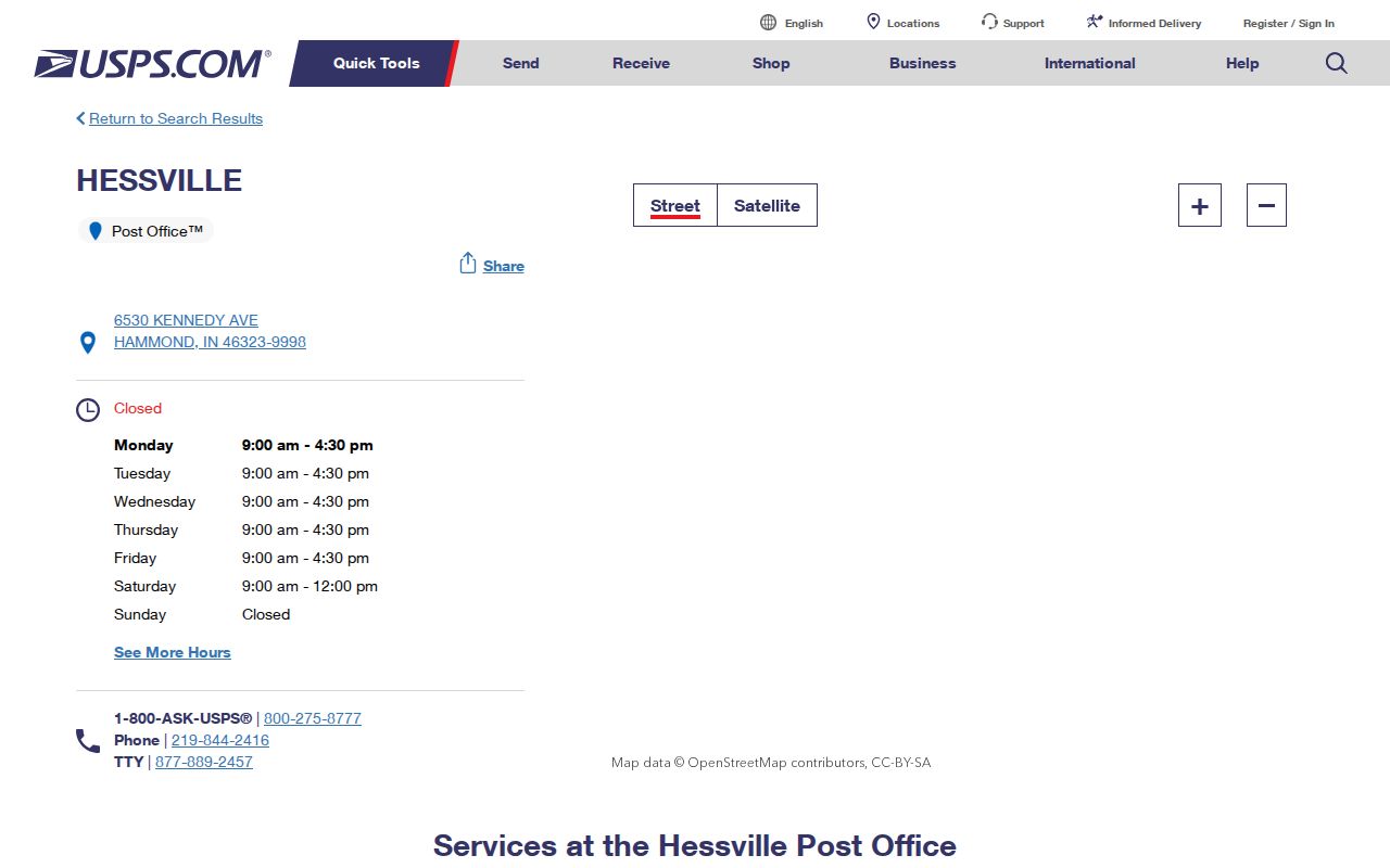 USPS Hessville facility listing for Hammond ZIP code 46323